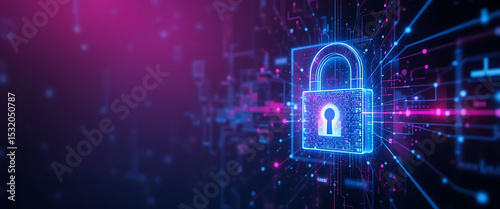 abstract cyber protection theme network style dark purple, pink, and blue gradient blending background on the left wall glass with digital 3d lock in the middle, shimmering, quince, negative clean spa