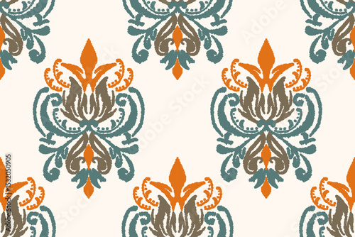 Ikat embroidery on white background. Traditional ethnic ikat, aztec abstract vector pattern, seamless pattern in tribal, folk embroidery and mexican style.