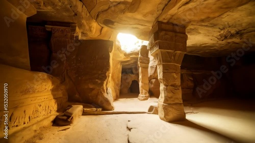 Sandstone temple interior featuring ancient columns, carvings, and natural sunlight, evoking a sense of history and mystery within rock architecture.