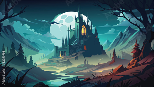 Enchanted medieval fantasy landscape with a fairytale castle church, towering over an old town under a night sky