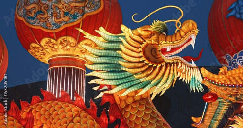 Beijing, China. Large Lantern Composition At Zigong Lantern Festival. National Color. Chinese Dragon Is Legendary Creature In Chinese Mythology Symbolize Potent And Auspicious Powers, Particularly