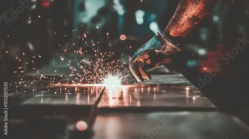 Robotics manufacturing automation precision welding at industrial facility sparks fly in dynamic environment