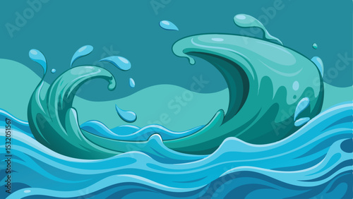 Cartoon illustration of a large ocean wave with splashing water drops and clean style