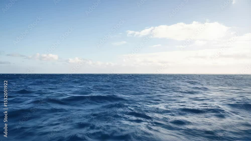 View of tranquil open ocean with deep blue rolling waves under a serene blue sky with soft, diffused clouds at daytime, distant horizon