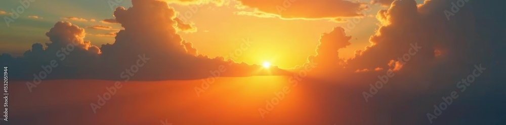 Obraz premium Golden sun rays pierce through gaps in sunset clouds, illuminating landscape , red, yellow