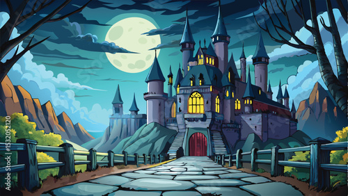 Enchanted medieval fantasy landscape with a fairytale castle church, towering over an old town under a night sky