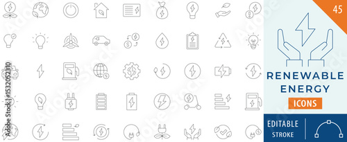 Renewable energy icon collection set. Editable stroke.