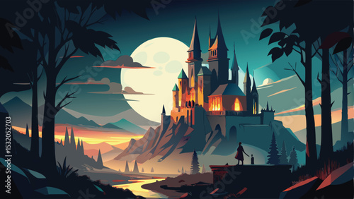 Enchanted medieval fantasy landscape with a fairytale castle church, towering over an old town under a night sky