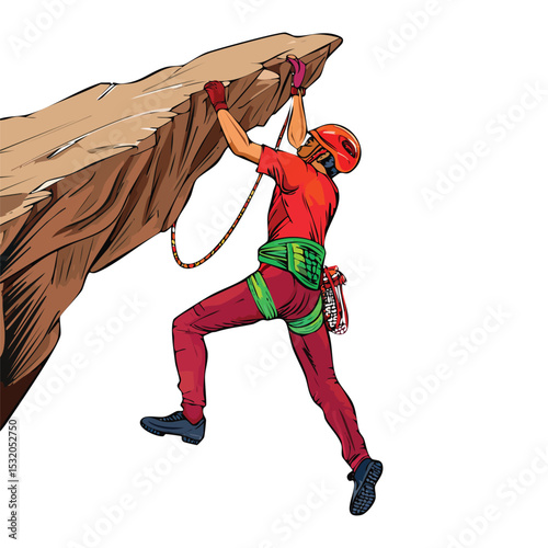 Colorful vector illustration of a rock climber reaching up for a cliff edge, strong upward