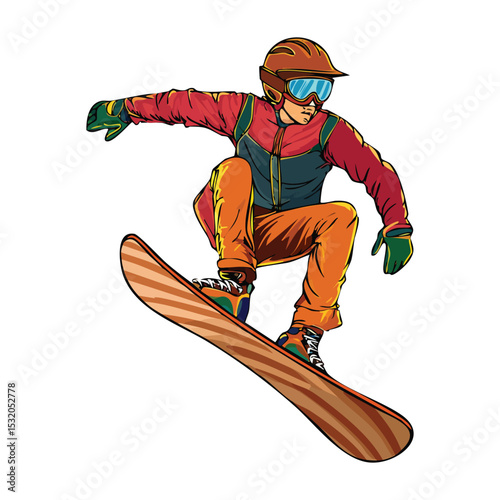 Colorful vector illustration of a snowboarder airborne during a trick, angled snowboard