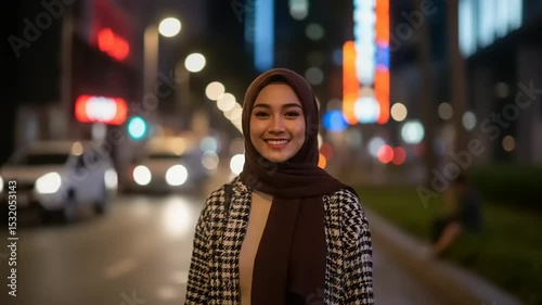 Woman in hijab at night in city