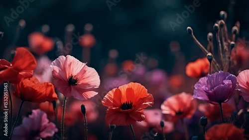 Poppy Field: Vibrant field of poppies in full bloom, creating a sea of colorful beauty, offering a visual feast for the eyes with their delicate petals. 
