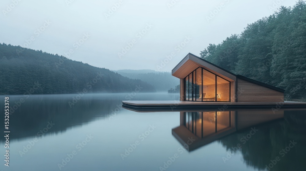 Fototapeta premium Tranquil Lake House Retreat: Modern Architecture on Still Water