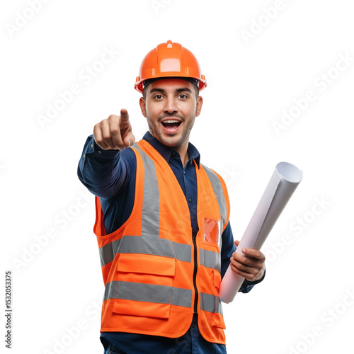 Confident Construction Worker Pointing, Holding Blueprint