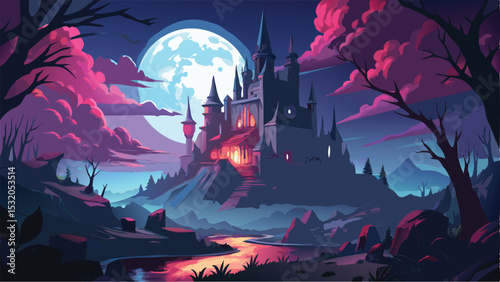 Enchanted medieval fantasy landscape with a fairytale castle church, towering over an old town under a night sky