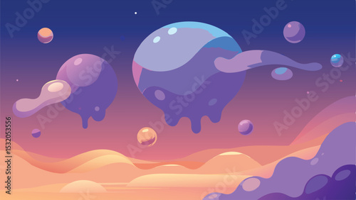 Colorful abstract landscape with floating spheres and dreamy gradient background