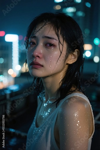 Close-Up Portrait Japanese Woman Sad & Crying in Rain