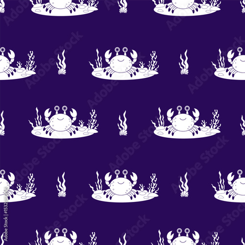 Sea Seamless Pattern. Outline Cute Crab with algae, seabed on dark Blue Background. Vector Illustration. Line drawing. Kids collection