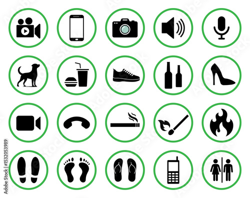 Vector set of 20 permitted action icons inside green circles. Includes symbols for video, phone, food, pets, smoking, footwear, fire, camera, and more. Minimal flat style on white background.