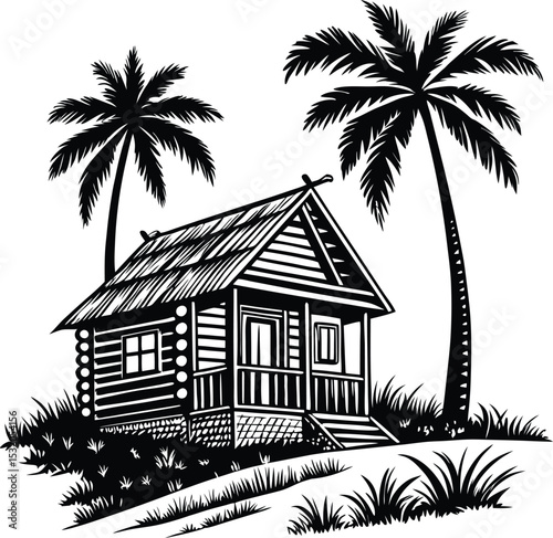 Black and white illustration of a tropical hut with palm trees
