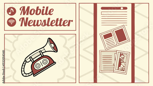 Illustration of a mobile newsletter concept with a vintage radio and digital content on a smartphone screen