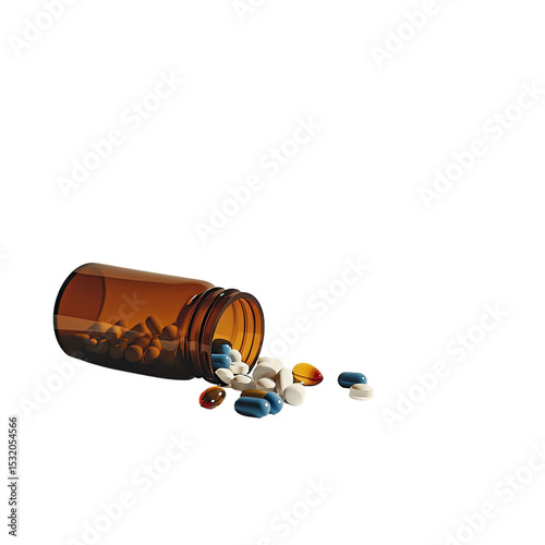 A brown bottle of pills, with colorful round and rectangular pills spilling out on a white background PNG