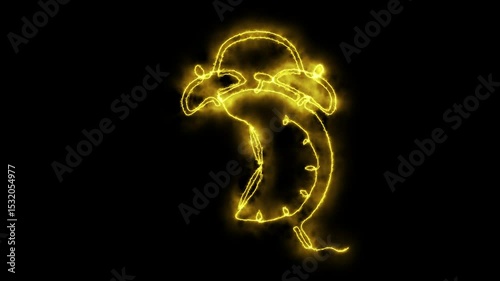 Abstract vintage alarm Clock,  Self drawing animation one continuous line draw, logo. Blazing  flame, energy, fire on black background. neon yellow luminous sign