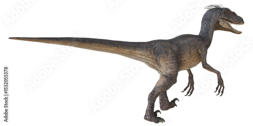 Realistic depiction of a velociraptor dinosaur.