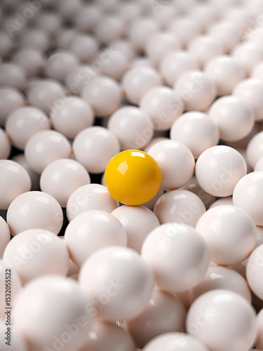 a yellow ball in a group of white balls