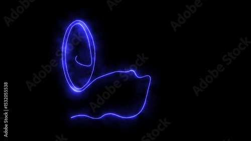 Abstract megaphone,  Self drawing animation one continuous line draw, logo. Blazing  flame, energy, fire on black background. neon blue luminous sign