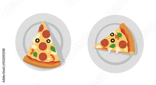 Top-down flat vector of slice of pizza on plate, white clean background