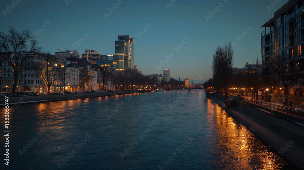 Fototapeta premium Twilight serenity by the urban river, where water mirrors the fading day