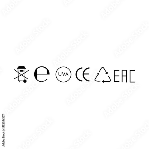 RECYCLING AND PACKAGING WEEE E EURO CE EAC UVA ARROW ICON VECTOR SIGN SYMBOL BLACK SET