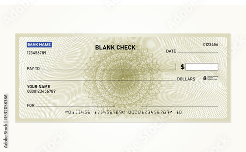 Blank Bank Check Template Vector, with Security Design, forgery protection, guilloche pattern