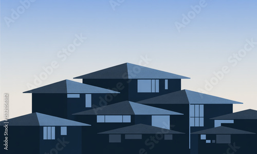 Cluster of dark houses under a pale blue sky.  A stylized illustration of a residential neighborhood at dawn or dusk.