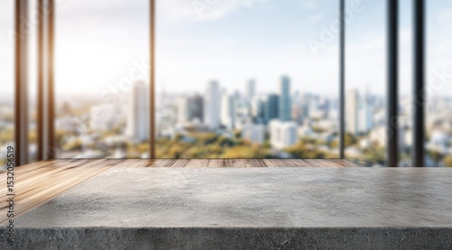 A blurred cityscape viewed through large windows is the backdrop for a concrete and wood surface, ideal for product display or composition