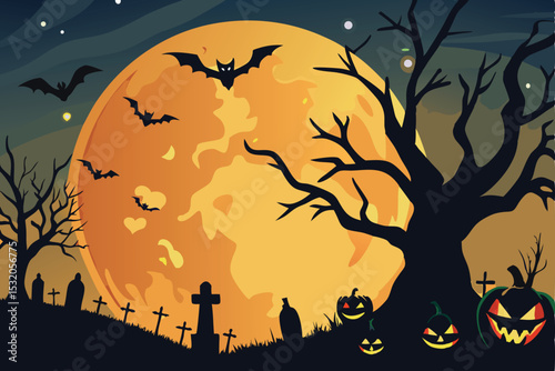 Orange spooky Halloween illustration of a girl's silhouette in a dark autumn forest at sunset with bats and a black sky