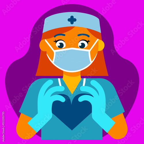Professional portrait of a smiling nurse in blue medical uniform forming a heart shape with gloved hands, wearing surgical mask, isolated on light hospital background
