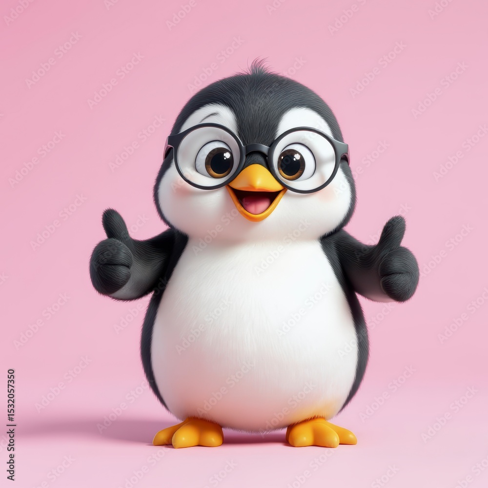 Obraz premium Happy Penguin Giving Thumbs Up with Glasses on Pink Background