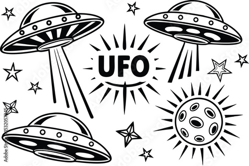 Vintage ufo illustration with stars and moon