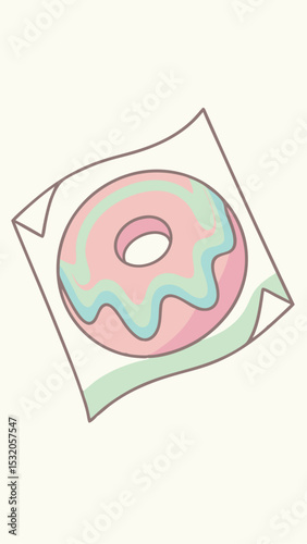 Delicious cartoon donut with colorful icing resting on a decorative white paper