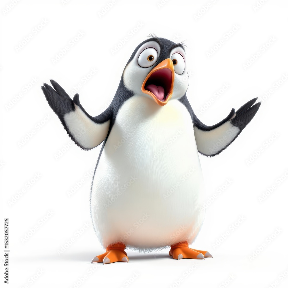 Fototapeta premium Cartoon Penguin Shouting with Arms Up on White Background