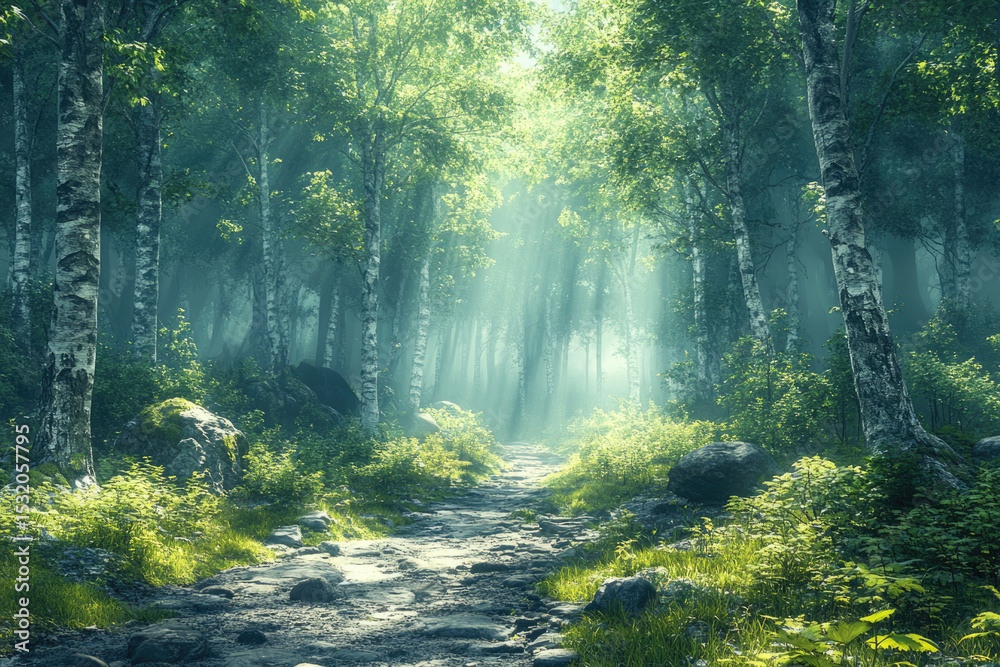 Fototapeta premium Light Filtering Through Tall Trees in a Serene Forest