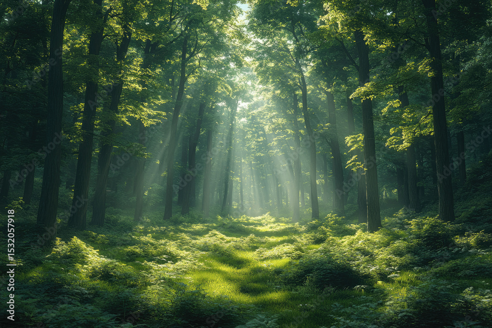 Fototapeta premium Light Filtering Through Tall Trees in a Serene Forest