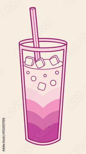 Delicious pink layered drink with straw and ice cubes perfect refreshment design