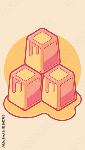 Delicious stack of cube-shaped desserts with sweet dripping glaze in playful illustration