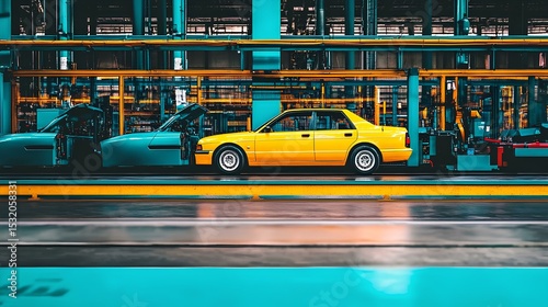 Robotics manufacturing automation in action yellow car assembly line industrial environment modern factory viewpoint