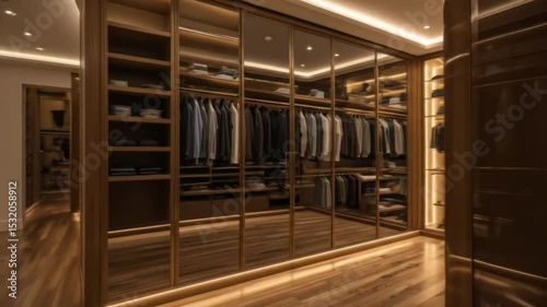 Spacious walk-in wardrobe with wooden shelves