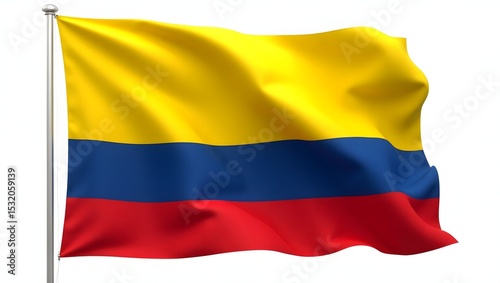Photorealistic Colombian flag with horizontal yellow, blue, and red stripes. Realistic fabric folds and texture. Isolated on white background. photo