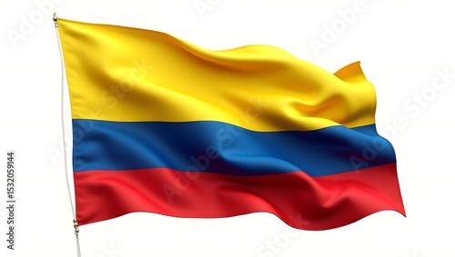 Photorealistic Colombian flag with horizontal yellow, blue, and red stripes. Realistic fabric folds and texture. Isolated on white background. photo